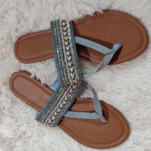 Denim Embellished Thong Sandals 7 Nwot